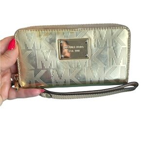 Michael Kors Metallic Gold Wristlet wallet zip around MK designer card holder